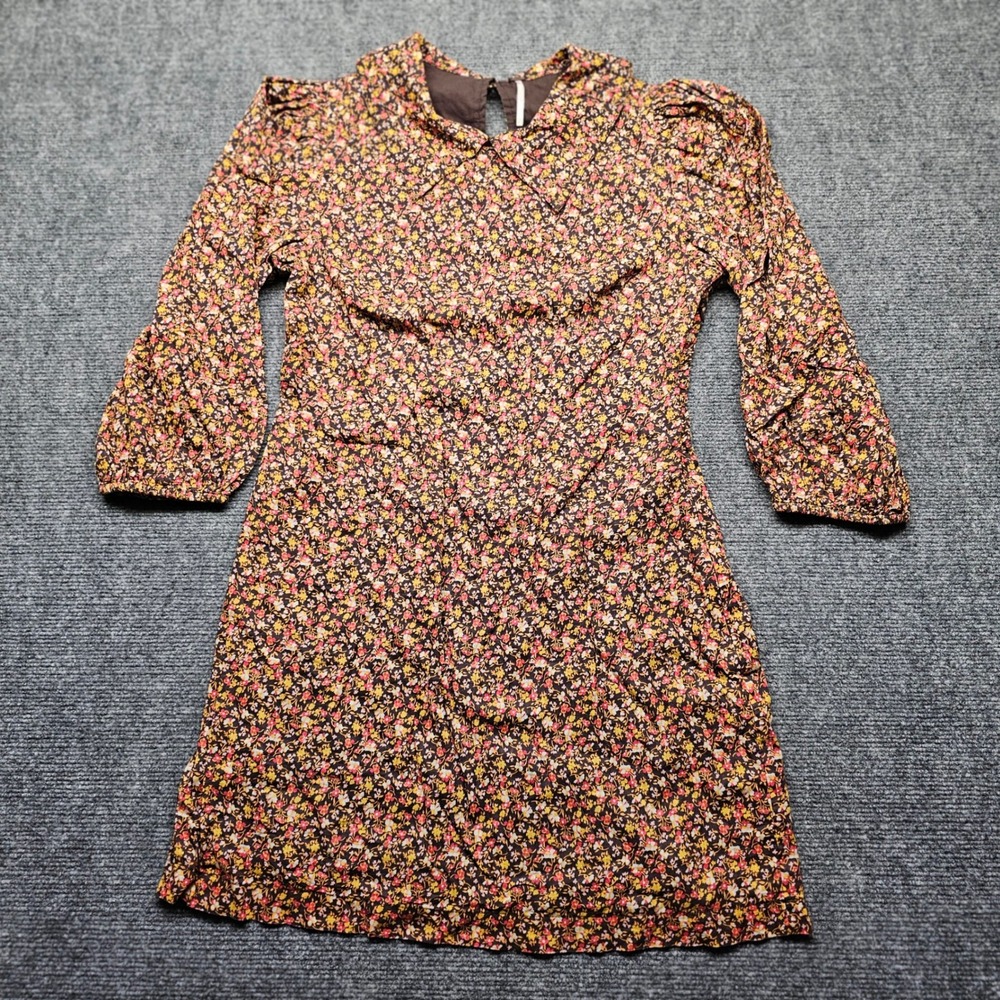 Free People Floral Mini Dress Brown Peter Pan Collar Puff Sleeve Size 12